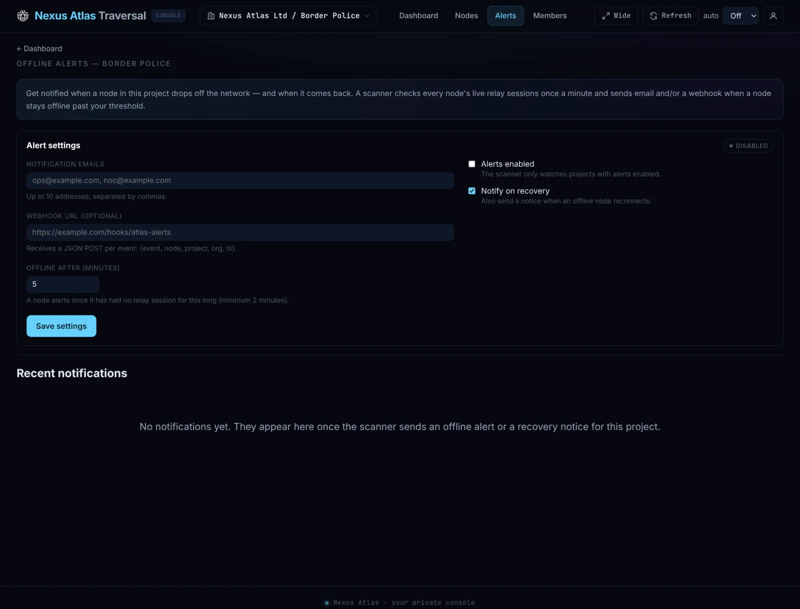 Offline alerts — Email or webhook when a node stays offline past your threshold — and again when it recovers.